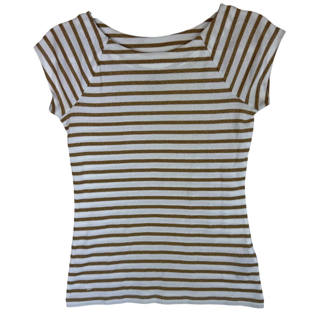 Lauren Ralph Lauren Metallic Striped Top Womens PS Petite Small‎ Gold White Knit
